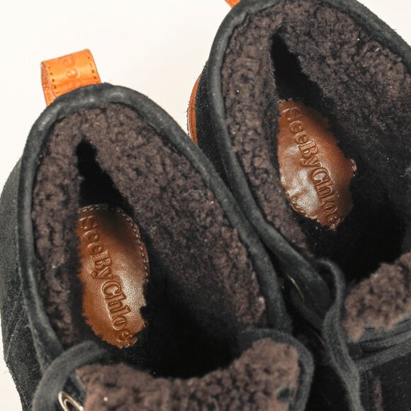 See by Chloe Ethel Black Shearling-Lined Suede Wedge Desert Booties - Picture 10 of 10